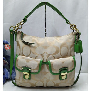 Coach Poppy Signature Brown Canvas Green Leather Trim Pushlock Crossbody Bag